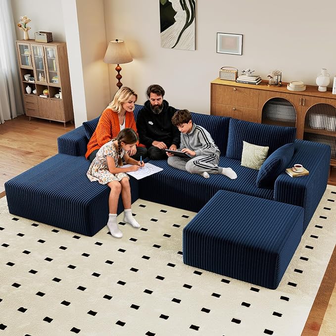 96" W Cloud Sectional Couch with Ottoman,Modern U-Shaped Cloud Couch with Deep Seat,Comfy Corduroy 3-Seater Sofa,Memory Foam Sofa for Living Room,No Assembly (Blue,Left-Facing Chaise)