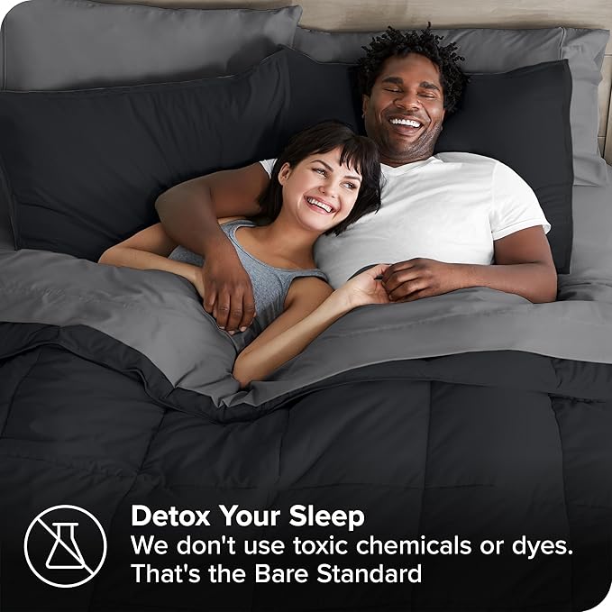 Bare Home Bed-in-A-Bag 7 Piece Comforter & Sheet Set - Full XL - Goose Down Alternative - Ultra-Soft 1800 Premium Bed Set (Full XL, Black/Grey)