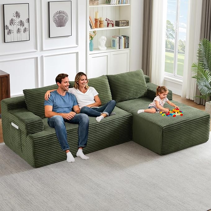 96.1" Modular Sectional Sofa Couches L-Shape Couch 3 Seat Modular Sofa Corduroy Memory Foam Sectional Boneless Couches for Living Room, Cloud Couch with Oversized Chaise(Green, Right Facing)