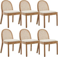 DUOMAY Mid-Century Modern Rattan Dining Chairs Set of 6, Wooden Dining Room Chair with Cane Backrest and Padded Seat, Sherpa Upholstered Dining Chair, Natural Finish, White