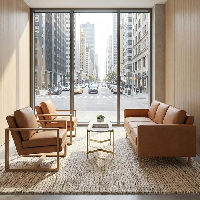 Modern Faux Leather Accent Chair Set of 2 for Living Room Bedroom Mid Century Armchairs with Metal Frame, Upholstered Office Accent Chairs Comfy Waiting Room Chairs with Metal Frame, PU Brown