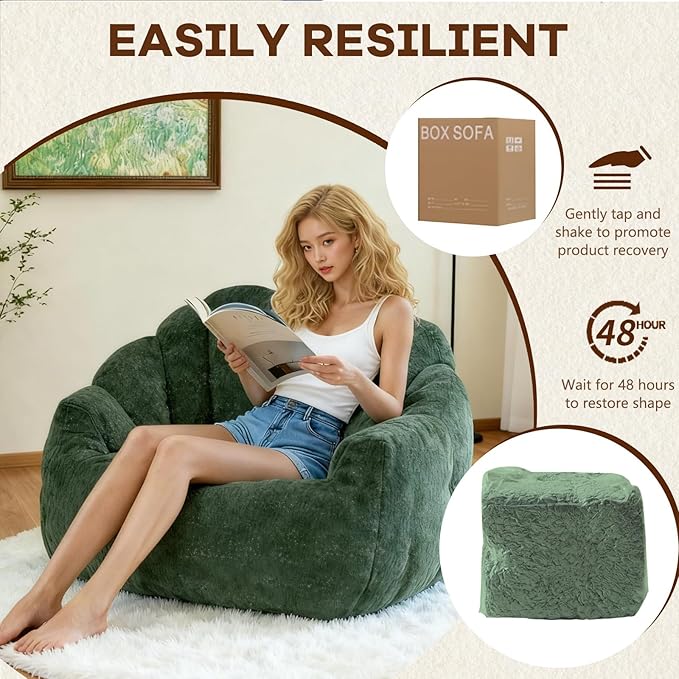 Giant Bean Bag Chair for Adults and Kids Oversized Faux Fur Shell-Shaped BonelessBeanBag Couch Filler with Memory FoamStuffed Big Accent Sofa for Living Room, Bedroom & Dorm (Green)