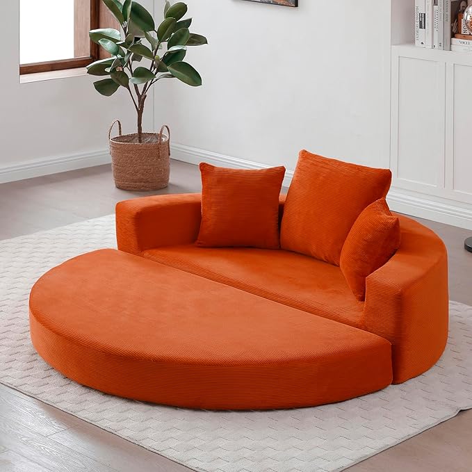 67" Round Convertible Folding Sofa Bed, Boneless Couch Loveseat, Floor Sleeper Chaise Lounge for Living Room, Apartment, Dorm, Small Spaces, Orange