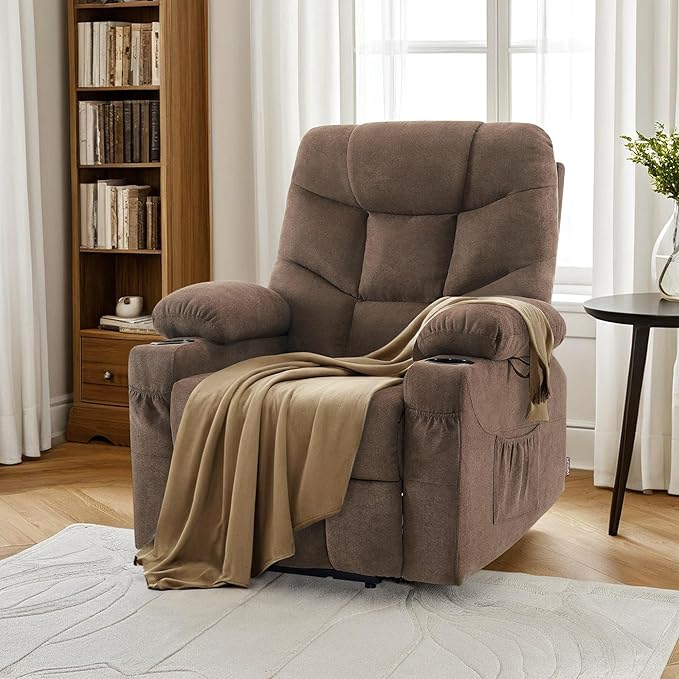 MCombo Power Lift Recliner Chair with Extended Footrest for Elderly People, Fabric 7287/7087 (Brown, Medium)