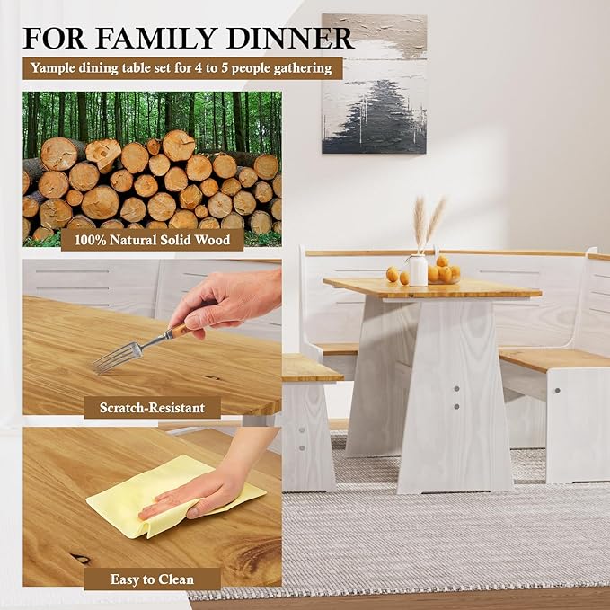 Breakfast Nook Dining Table Set – L-Shaped Kitchen Nook Booth with Bench Seating, Farmhouse Corner Dining Table for Small Spaces, White Wood Dining Room Nook Furniture