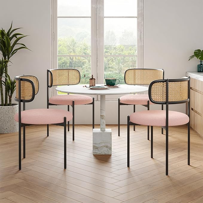 Farini Modern Upholstered Dining Chairs Set of 4,Rattan Back Dining Room Chairs,Accent Kitchen Chairs with Metal Legs,Pink