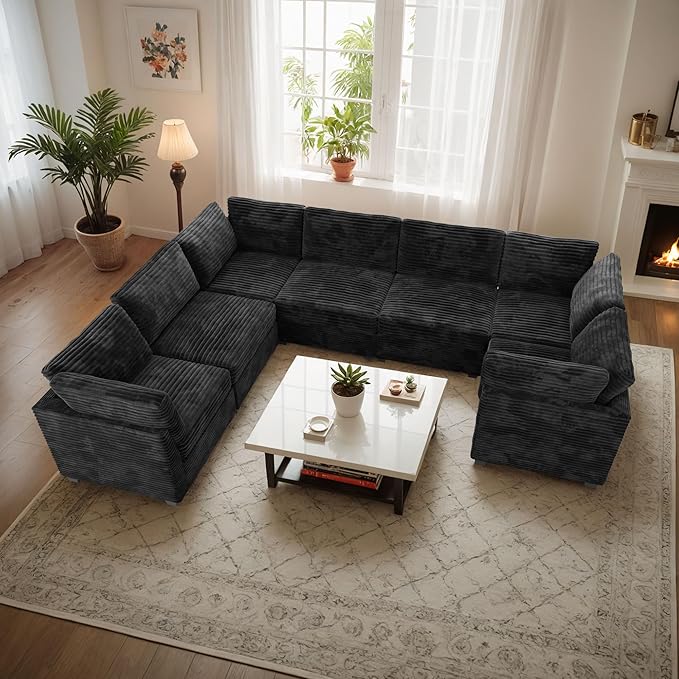 CAODOC Large 7 Seat Modular Sectional Sofa with Ottoman Seat Corduroy Sleeper Sectional Sofa Bed Oversized Convertible Modular Couch for Living Room