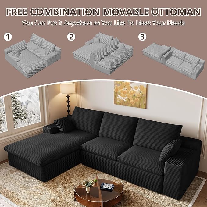 107 Inch Cloud Sectional Couch, Modern Modular Sectional Sofa with L-Shape Chaise, Corduroy Boneless Couches with Deep Seat for Living Room Bedroom, No Assembly Required (Black, Left Facing Chaise)