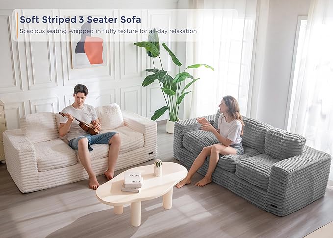 MAXYOYO 3-Seater Boneless Sofa Couch, Modern Faux Fur Sofa for Living Room, Soft Bean Bag Chair High-Density Foam Couch with Pillows, No Assembly Required
