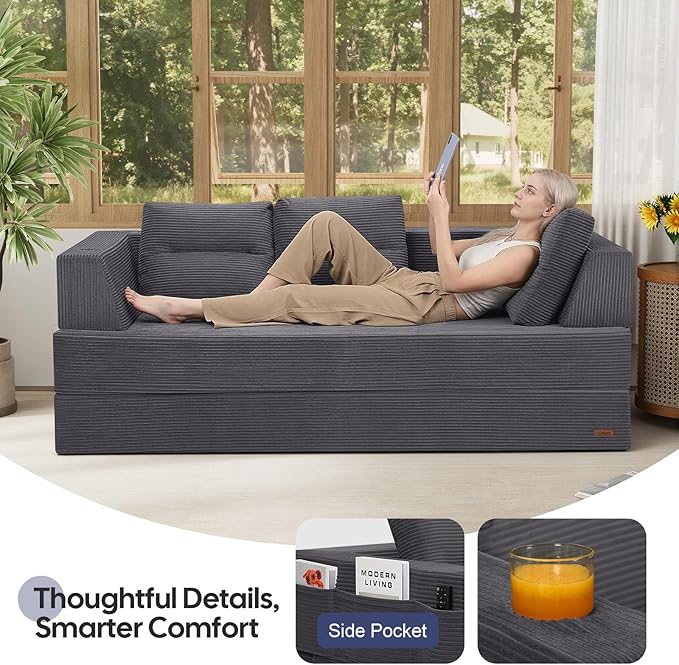 COMAX Futon Sofa Bed Queen, 79" Convertible Sofa Bed Couches for Living Room, 4 in 1 Folding Boneless Sleeper Corduroy Couch Loveseat Foam in a Box, Comfy Foldable Lounge Fold Out Floor Mattress Grey