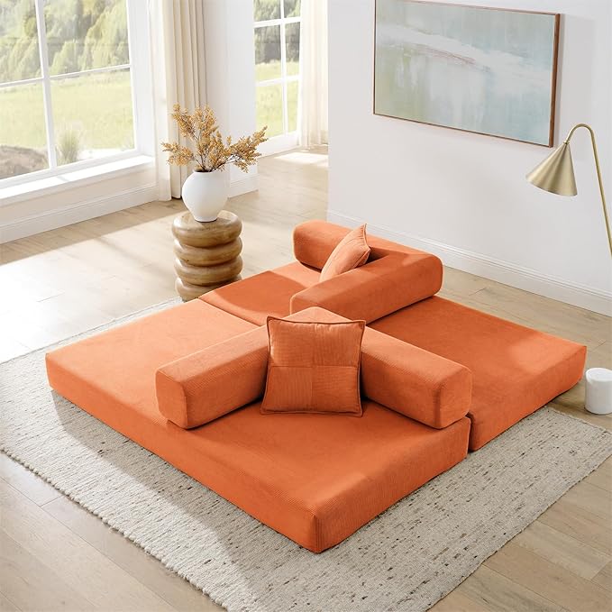 Antetek Convertible Futon Sofa Bed, 3-Seater Modern Corduroy Foam Floor King Size Bed Fold Out Sleeper Lounge Loveseat Sofa Couch with 2 Throw Pillows for Living Room Bedroom Guest Room, Orange