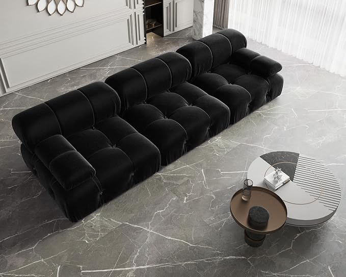 JACH Modular Sectional Couch, Modern Deep 3-Seat Couches, 104'' Minimalist Teddy Velvet Sectional Sofas, Convertible Sleeper Soft Sofa for Living Room Apartment (Black)