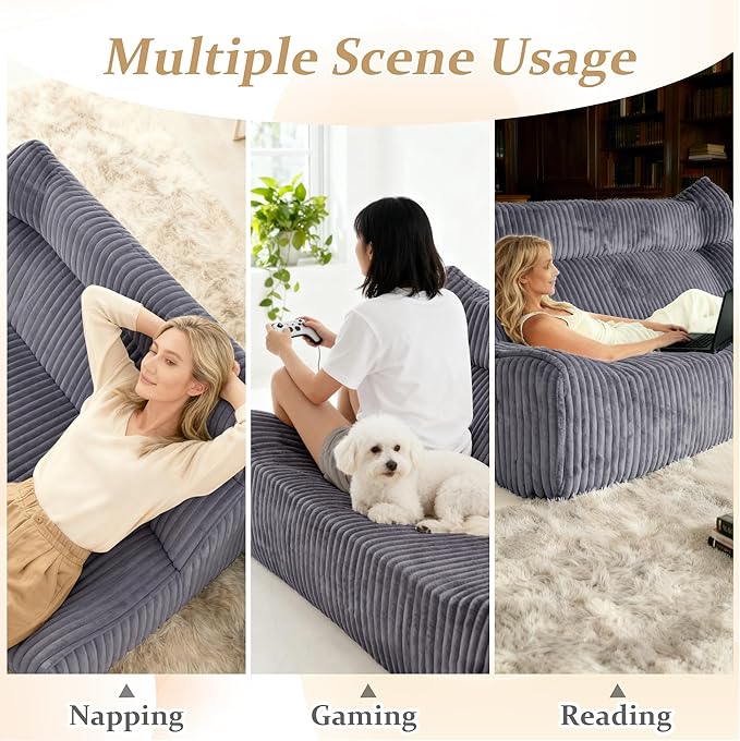 Bean Bag Chairs, Giant Bean Bag Chair for Adults, Memory Foam Lounge Chair, Comfy Lazy Floor Chair, Bean Bag Sofa for Living Room, Bedroom and Office, Loveseat Bean Bag (Grey)