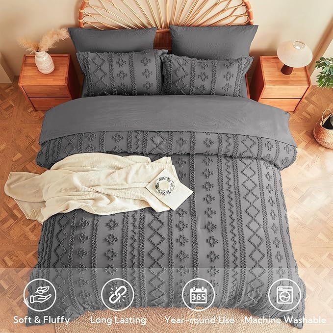 MR&HM King Size Comforter Set Dark Grey, 7 Pieces Tufted Boho Beddding Sets, Farmhouse Style Bed in a Bag with 1 Comforter, 2 Pillow Shams, 2 Pillowcases, 1 Flat Sheet, 1 Fitted Sheet