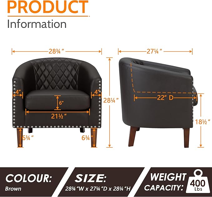 PrimeZone Barrel Chair Set of 2, Comfy Accent Chair, Faux Leather Living Room Chairs Club Chair with Cushion, Nailhead Trim and Diamond Grid Backrest, Reading Chair for Bedroom Waiting Room, Brown
