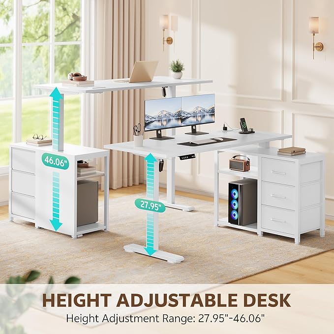 47 Inch L Shaped Standing Desk with 3 Drawers Electric Standing Desk with Storage Computer Game Desk Adjustable Height Desk with Power Outlets 4 Memory Presets for Home Office, White