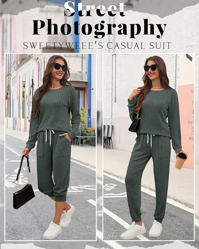 Sweetyweee Women's Ribbed Knit Lounge Sets 2 Piece Outfits Long Sleeve Pajamas Set Loungewear Sweatsuits Fall Pjs with Pocket