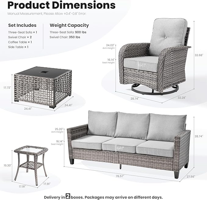 ovios 5 Pieces Patio Furniture Set, Outdoor Wicker Sofa Couch with Rocking Swivel Chairs Solar Lights Table, Modern Deep Seat Rattan Conversation Sets for Deck Porch, Dark Grey