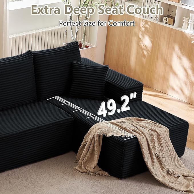 166.9" Cloud Sectional Couch with L-Shape Chaise, Upholstered Corduroy Couches Sleeper with Deep Seat, Modern Modular Comfy Sofa Chaise Longue for Living Room Bedroom, No Assembly Required, Black