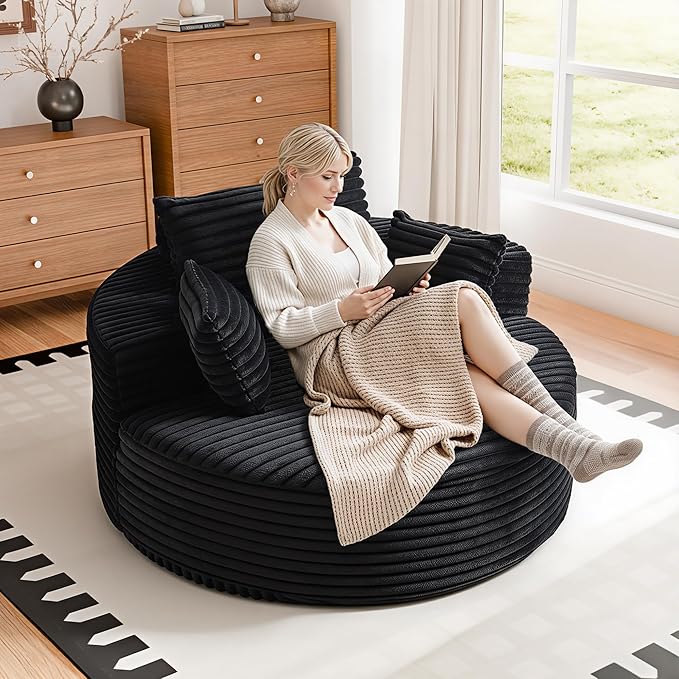 55'' Oversized Round Boneless Chaise Lounge Chair Indoor, Upholstered Corduroy Deep Seat Cloud Large Circle Sofa Couches Bed Corduroy Modern Floor No Assembly Sleeper Bed for Living Room, Bedroom