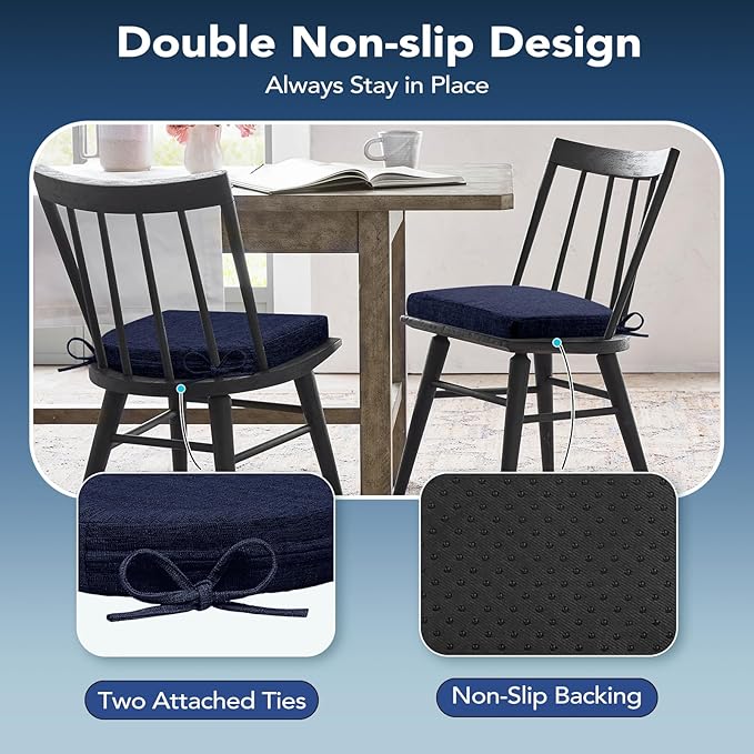 Chair Cushions for Dining Chairs, Non Slip Chair Pads with Ties and Washable Covers, Memory Foam Kitchen Chair Cushions Set of 6, 16"X16"X2.5", Navy