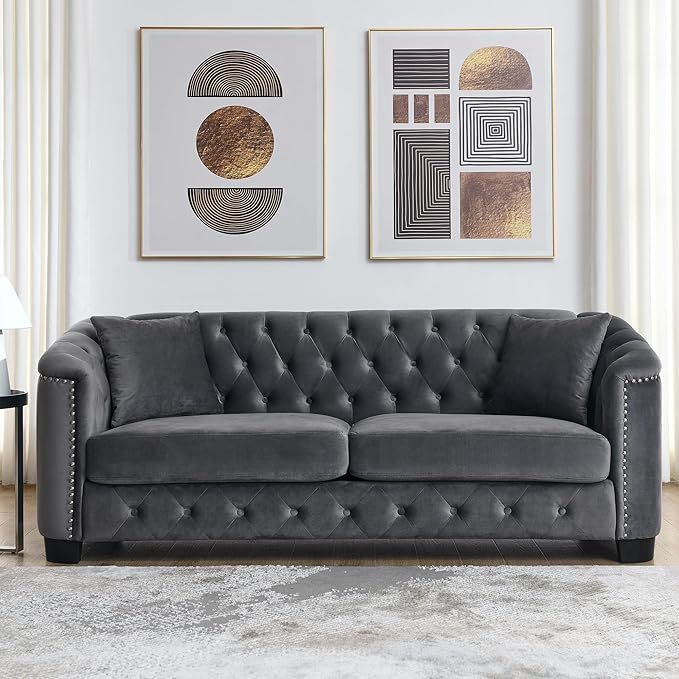 mikibama Modern Chesterfield Velvet Sofa, 77 Inch Sectional Sofa, Luxury 3 Seater Upholstered Tufted Couch with Nailhead Arms and 2 Pillows for Living Room, Bedroom, Apartment(Grey)