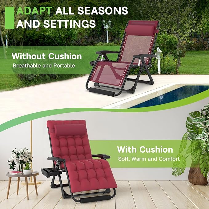 ZENPETIO Oversized Zero Gravity Chair, 33In XXL Zero Gravity Recliner Lounge Chair, Anti Gravity Chair for Indoor and Outdoor, Reclining Camping Chair for Lawn and Patio w/Cushion and Footrest, 500LBS