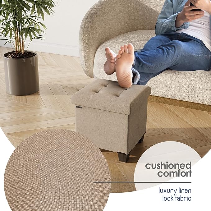Storage Ottoman Cube with Small Bin, 16-in Square Ottoman with Storage for Living Room and Bedroom, Small Ottomans Foot Rest, Fabric Foot Stools Ottomans Max 330lbs, Taupe