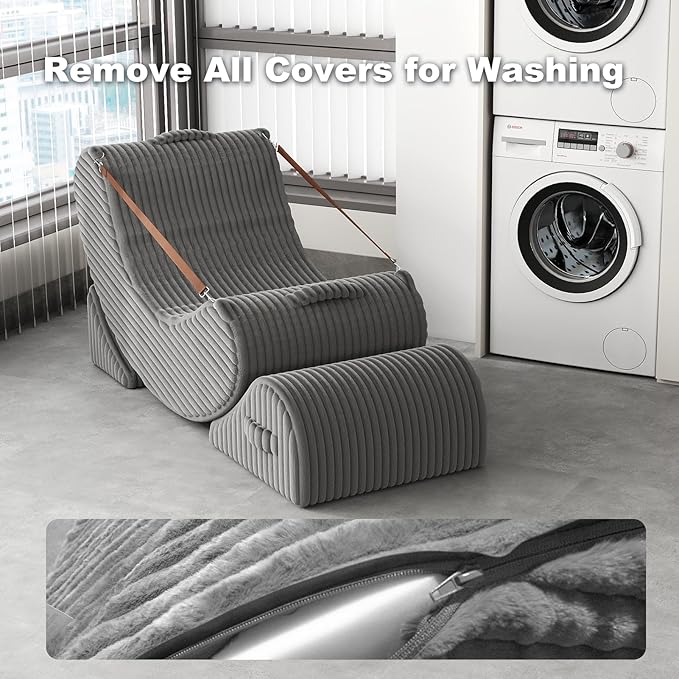 Gaint Bean Bag Chairs for Adults, Beanbag Lounge Filled with Memory Foam, Adjustable Angle, Corduroy Fabric, with Detachable Footrest for Bedroom, Living Room and Nursery(Grey)