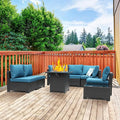 3D MATRIX 8 Pieces Patio Furniture Set with 28" Fire Pit Table, Wicker Outdoor Sectional Couch, Rattan Conversation Set for Backyard, Deck, Garden Lawn, Coffee/Peacock Blue
