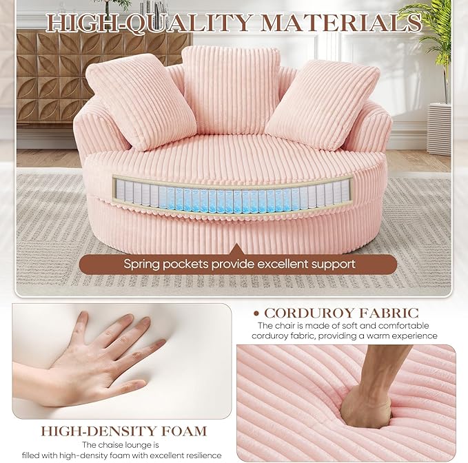 61"W Oversized Round Chaise Lounge Chair Indoor, Upholstered Corduroy Large Circle Boneless Chair with Deep Seat, No Assembly Required, Modern Comfy Cloud Sofa Chairs for Living Room, Bedroom(PInk)