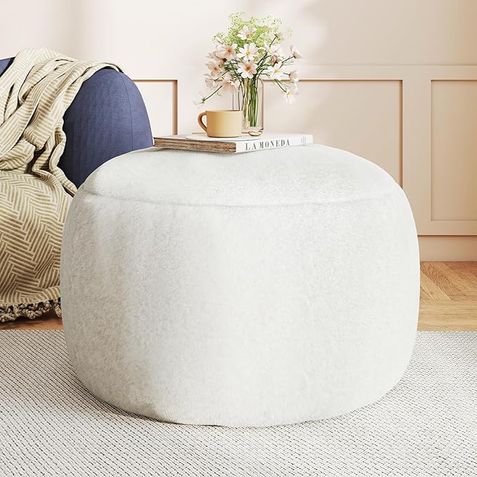 Gericco Round Pouf Ottoman Foot Rest, 29 X 18Inch Floor Poufs Footstool, A Round Modern Foam Filled Foot Stool for Living Room, Home, Nursery, Dorm, Outdoor (White, 29Inch)