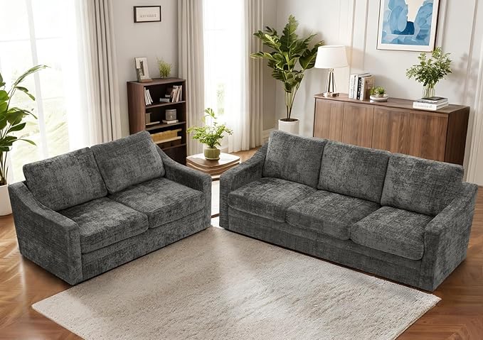 ACMEASE 2 Pieces Chenille Sofa Sets w/Comfortable Back Cushions, Modern Loveseat & Sofa w/Deep Seat Space, Upholstered 2 Seat & 3 Seats Couch Sets w/High Resiliency Foam for Living Room, Office Grey