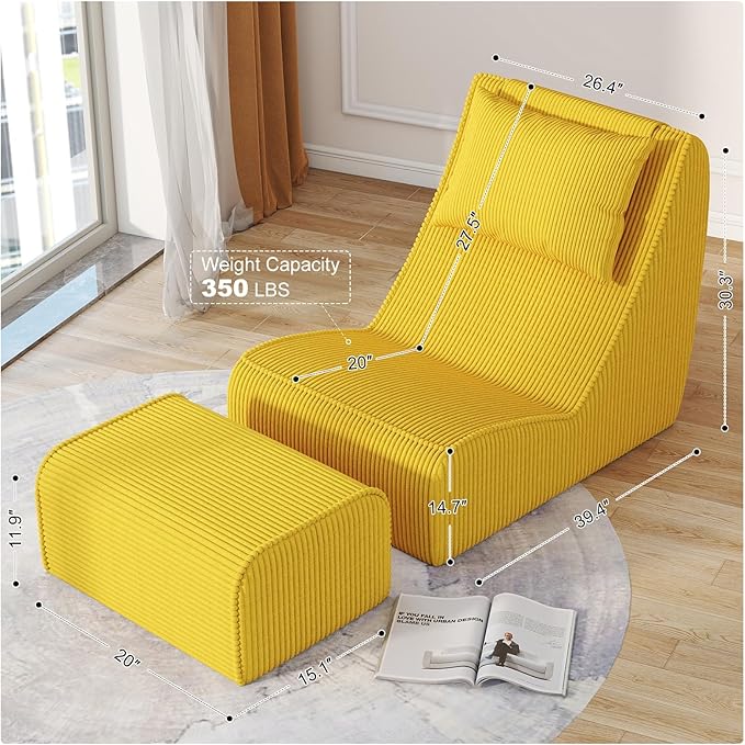 Giant Bean Bag Chair for Adults,Corduroy Chaise Lounge with Unrivaled Back Support, Detachable Neck Pillow, Comfortable Ottoman & Washable Cover for Living Room, Bedroom, Garden (Corn Yellow)