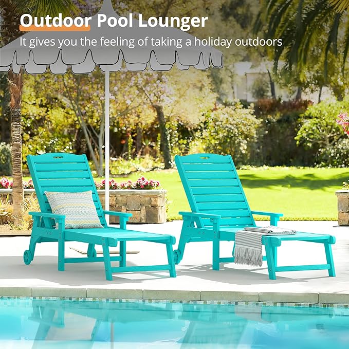 LUE BONA Chaise Lounge Chair with Table, 6-Piece, HDPS Chaise Lounger, 5 Positions Adjustable Lounge Chairs, Pool Lounge Chair with Wheels for Poolside, Backyard, Aruba Blue
