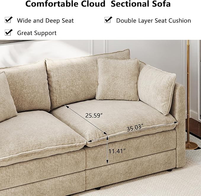Aoowow Modular Sectional Sofa Modern Convertible L Shaped Couch,147.2 Inch Deep 4-Seater Sofas Set Comfy Chenille Cloud Sofas and Couches with Movable Ottoman for Living Room Apartment（Camel）