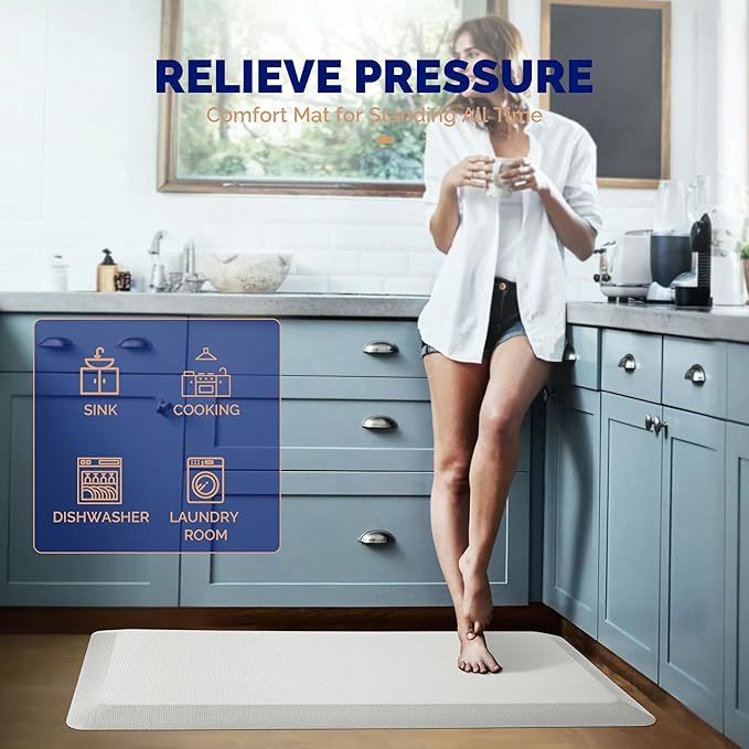 FEATOL Anti Fatigue Mats for Standing, 9/10 Extra Thick Ergonomic Standing Desk Mat, Comfort & Durable Memory Foam Standing Mat at Home,Office All Day (20" x 48", White, 1PC)
