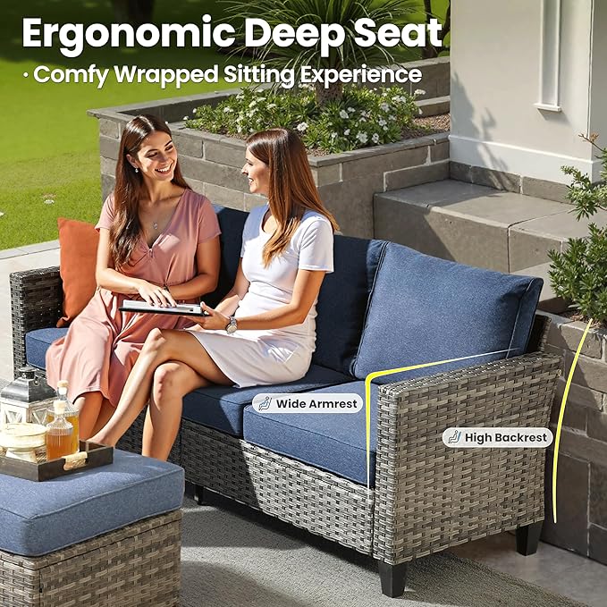 ovios 6 Pieces Patio Furniture Set, Outdoor Wicker Sofa Couch with Rocking Swivel Chairs Comfy Cushions, Modern Deep Seat Rattan Conversation Sets for Deck Porch, Denim Blue