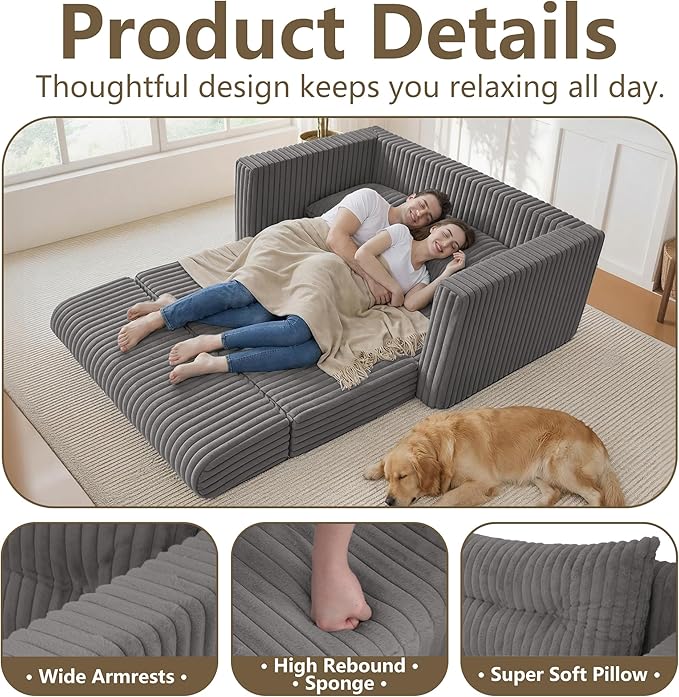 HABUTWAY Folding Sofa Bed, 2 in 1 Convertible Sleeper Chair with Pillow, Portable Fold Out Chair Bed with Armrest, Comfy Floor Couch, Lazy Sofa for Living Room Bedroom Dorm Home Office, Grey