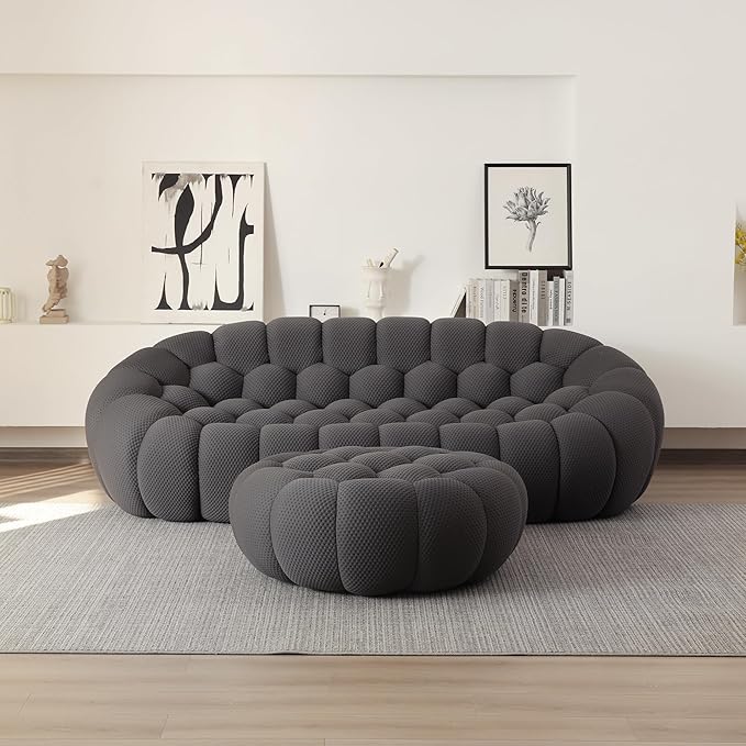 JACH Bubble Sofa with Ottoman, Curved Couch, Comfy Upholstered Sofa, Mesh Fabric 3D Honeycomb Shape Modern Couch for Living Room, Office, Apartment, Small Space (Grey)