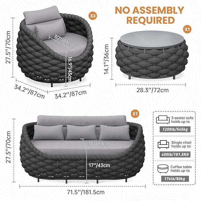 Erotr Metal Outdoor Conversation Sets: 5-Piece Aluminum Patio Furniture Set - Woven Rope Porch Sofa Set w/Coffee Table Cushions - Assembled Modern Lounge Couch for Deck Garden Yard Pool Hotel Resort