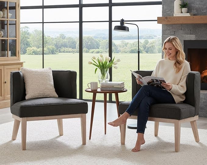 Comfy Barrel Chairs Set of 2 Mid-Century Modern Accent Chairs with Wooden Leg Upholstered Reading Chair Linen Fabric Waiting Room Round Side Chairs for Living Room Bedroom Office, Charcoal