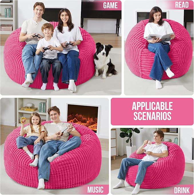 Homguava 6 FT Bean Bag Chair,6' Big Bean Bag,Giant Bean Bag Chairs for Adults with Memory Foam Filled,Comfy Large Beanbag Chairs Soft Bean Bag Sofa with Dutch Corded Plush Cover-Pink