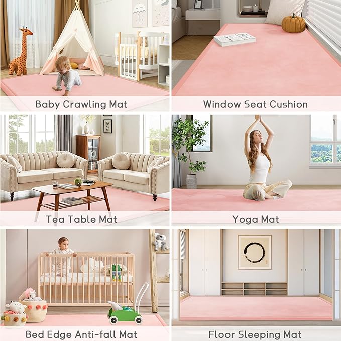 Baby Play Mat for Floor Tummy Time Mat Nursery Muscle Area Rug Playroom Rug Tatami 65"*50" Memory Foam 1.3" Thick Crawling For Babies,Toddlers, Infants, Kids,Floor(Pink)