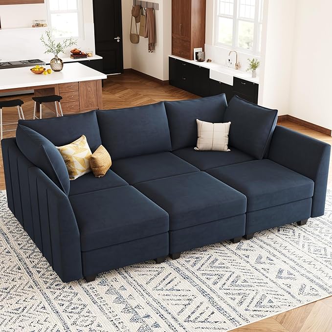 Belffin Modular Sectional Sofa Sleeper Couch with Storage Velvet Sectional Sofa Bed, 6 Seats, Blue