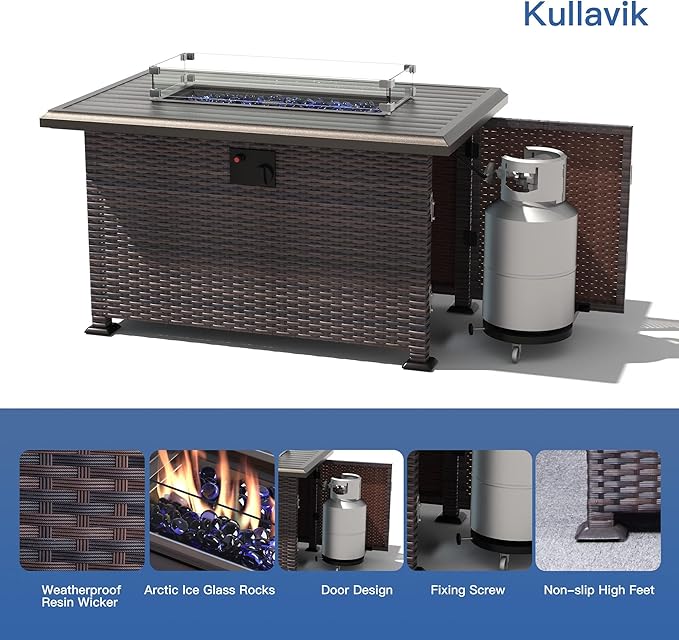 Kullavik 7 Pieces Outdoor Patio Furniture Set with 43" 55000BTU Gas Propane Fire Pit Table PE Wicker Rattan Sectional Sofa Patio Conversation Sets,Navy Blue