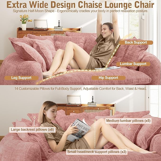 82'' Oversized Upholstered Sofa Bed, Round Chaise Lounge Chair Indoor, Modern Chenille Boneless Couch, No Assembly Required, Plush Sleeper Chair with 14 Pillows for Living Room, Pink