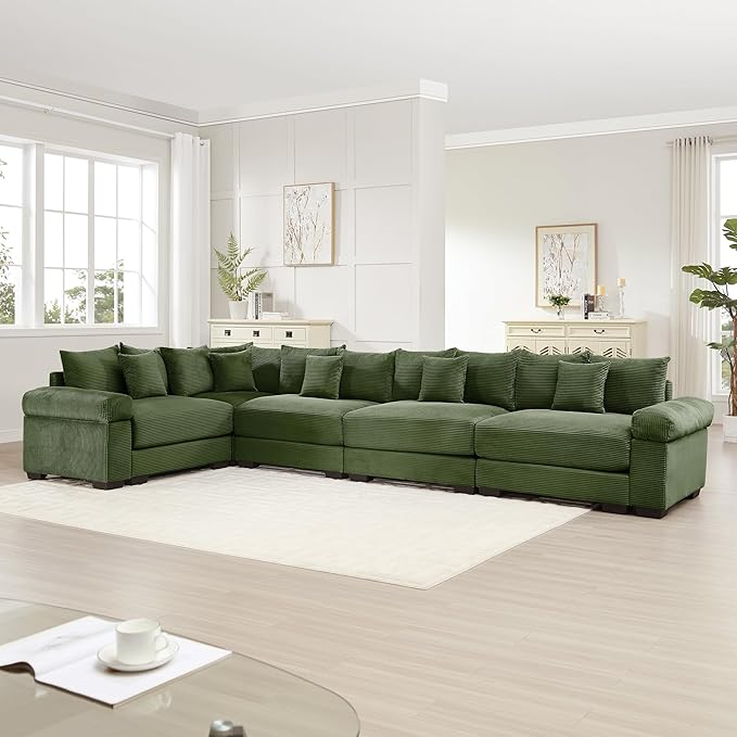 KEIKI 146" L-Shaped Oversized Corduroy Modular Cloud Sectional Sofa with High-Density Foam Cushion, Extra-Thick Armrest, Convertible 5-Seater Fluffy Corner Couch with 18 Pillow, for Living Room, Green
