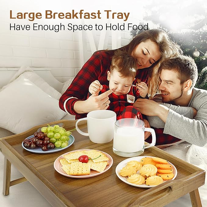 Utoplike Acacia Bed Tray Table for Eating, Large Breakfast Tray with Folding Legs, Wood Serving Trays for Laptop Working