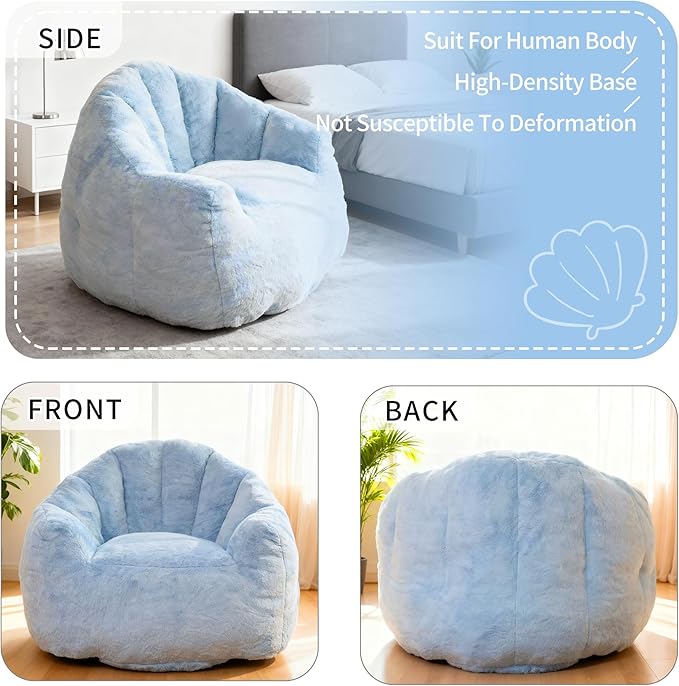 Bean Bag Chair, Giant Beanbag Chiars for Adults, Faux Fur Shell-Shaped Floor Sofa with Filler, Comfy Chair for Reading, Gaming and Relax (Blue)